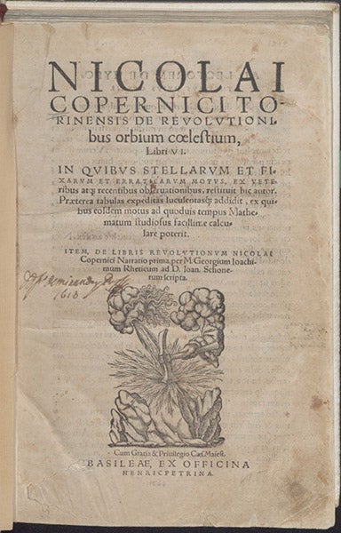 Title page of De Revolutionibus, by Nicolaus Copenicus, with printer’s mark of Officina Henricpetrina, woodcut, 1566 (The Linda Hall)