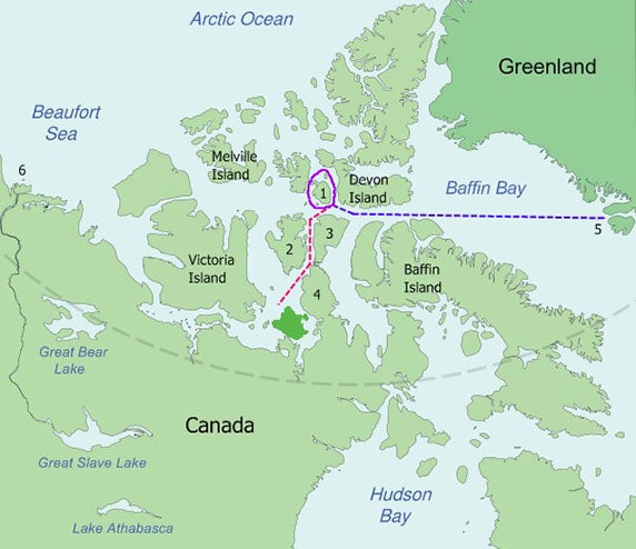 Moden map of the central region of the Arctic archipelago, with the known track of the Franklin expedition in blue and the inferred track in red (Wikimedia commons)