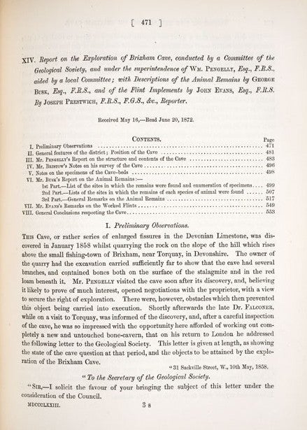Prestwich’s report. Image source: Prestwich, Joseph. “Report on the Exploration of Brixham Cave.” Philosophical Transactions of the Royal Society of London, vol. 163, 1873, p. 471.
