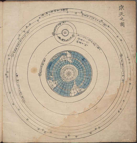 Tychonic cosmological system, woodcut, Heitengi, by Iwahashi Yoshitaka, p. 3, 1801 (Linda Hall Library)