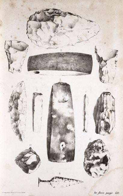 Neolithic and Paleolithic stone tools. Image source: Lubbock, John. Pre-Historic Times. London: Williams and Norgate, 1865, p. 60. 