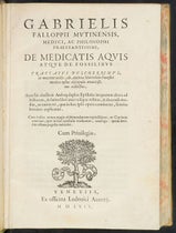 Title page, De medicatis aquis, atque de fossilibus, by Gabriele Falloppio, 1569 (The Linda Hall)