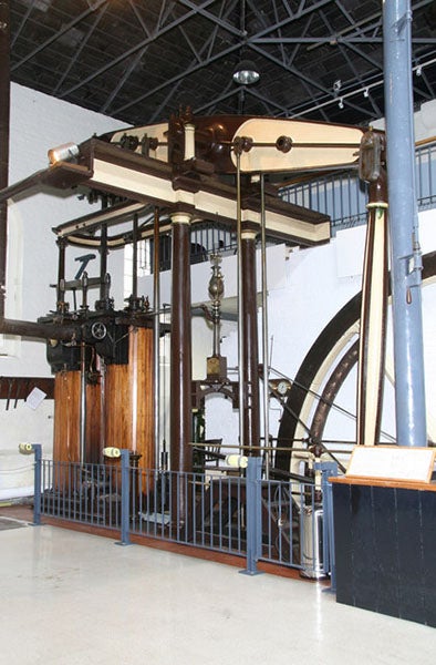 A restored Woolf compound beam engine, built in 1863, at the London Museum for Water and Steam, formerly the Kew Bridge Steam Museum