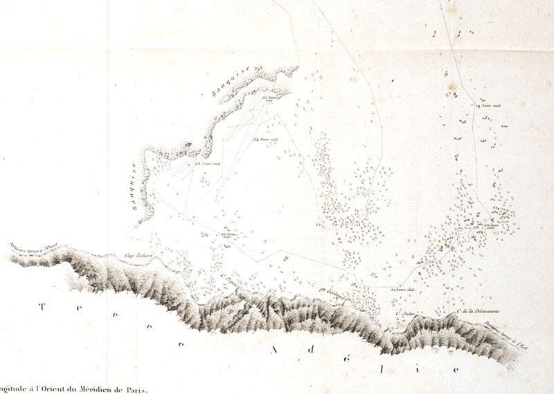Detail of second image, map of the coast of Antarctica, with the label Terre Adélie now visible, engraving in Voyage au pole sud et dans l'Océanie sur les corvettes l'Astrolabe et la Zélée, by Jules-Sébastien-César Dumont d'Urville, vol. 7-8, 1842-54 (Linda Hall Library)