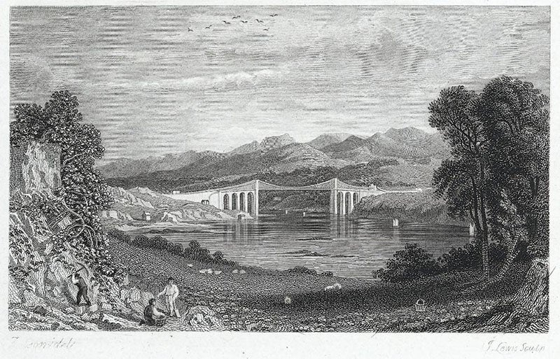 Another contemporary view of the Menai Suspension Bridge, from a distance, etching, 1840, National Library of Wales (Wikimedia commons)