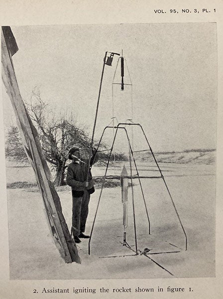 No-so-famous photograph of assistant lighting first rocket, launched Mar. 16, 1926, “Liquid-Propellant Rocket Development,” by Robert H. Goddard, Smithsonian Miscellaneous Collections, plate 1, fig. 2, vol. 95, no. 3, 1919 (The Linda Hall)