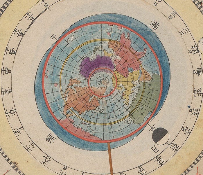 Detail of northern hemisphere of Earth-centered volvelle, hand-colored woodcut, Heitengi, by Iwahashi Yoshitaka, p. 2, 1801 (Linda Hall Library)