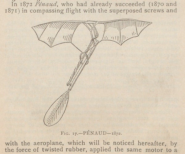 Pénaud’s ornithopter or model flying bird, 1872, from Octave Chanute, Progress in Flying Machines, 1894 (Linda Hall Library)