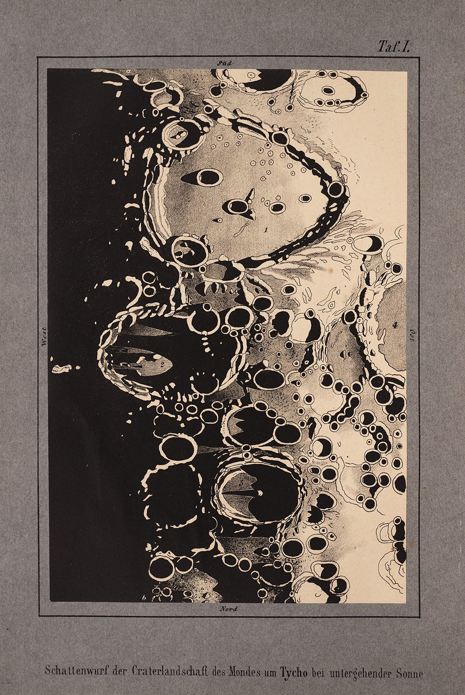 The two chromolithographs that decorate the book are among the most vivid of nineteenth-century lunar illustrations. Reproduced is his drawing of sunset over Clavius (top), Maginus (left-center) and Tycho (bottom, with central peak). The region takes on quite a different appearance when depicted as a map (see item 22.) Image source: Schmidt, Johann Friedrich Julius. Der Mond. Leipzig: Verlag von Joh. Ambr. Barth, 1856, pl. 1.
