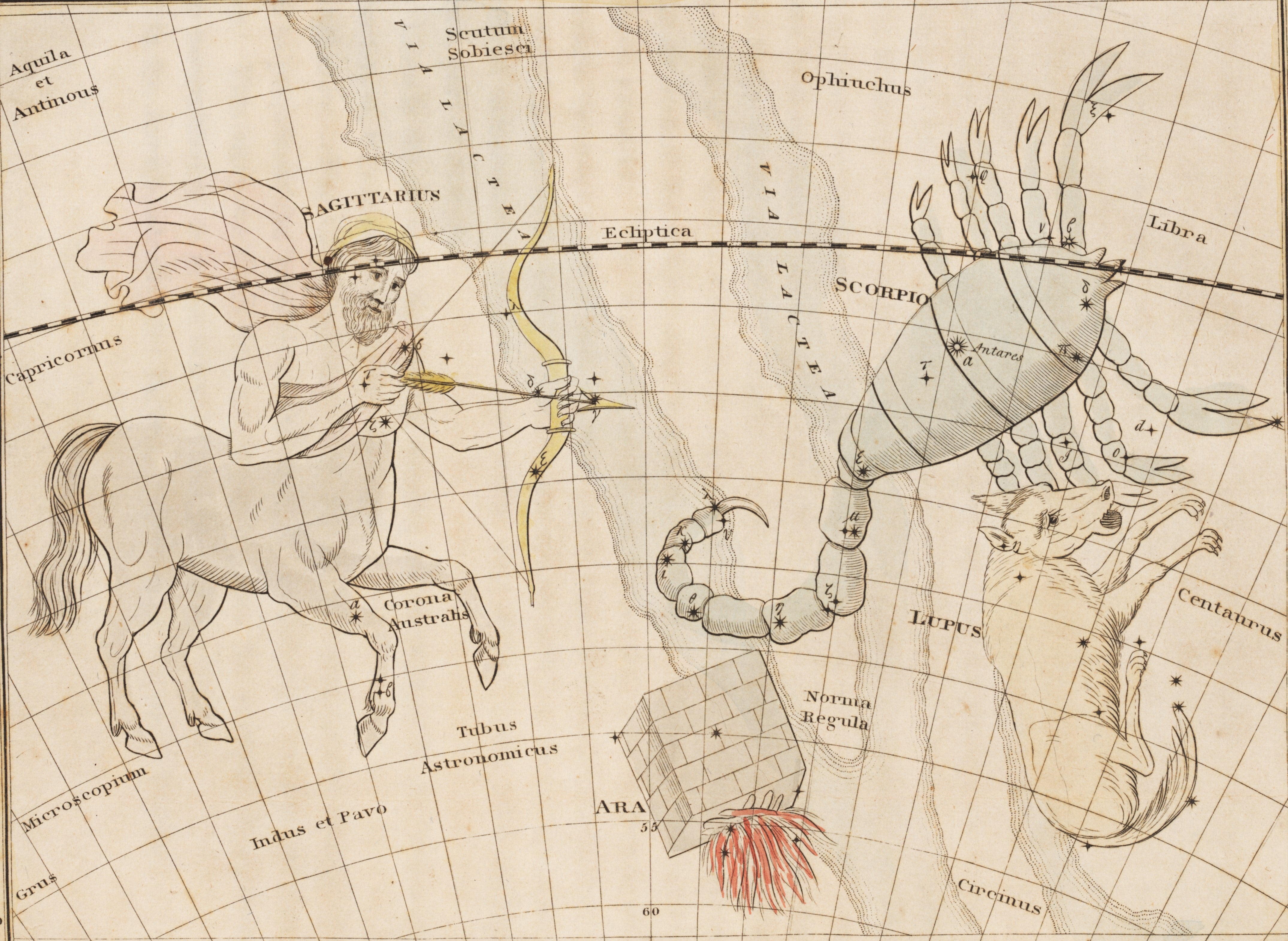 Sagittarius and Scorpio. Image source: Green, Jacob. Astronomical Recreations; or Sketches of the Relative Position and Mythological History of the Constellations. Philadelphia: A. Finley, 1824, pl. 13.