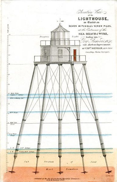 Wyre Light, Fleetwood, Lancashire, screw-pile lighthouse designed and built by Alexander Mitchell, begun in 1839, first light in June 1840, elevation drawing with coloring added later (Wikimedia commons)