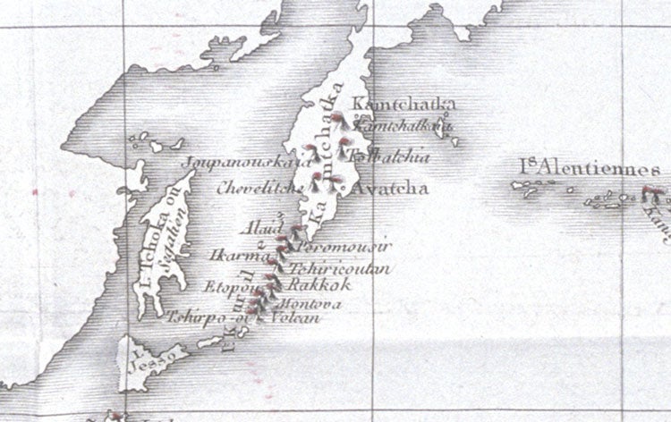 Detail of Kamchatka peninsula. Image source: Ordinaire, Nicolas. Histoire naturelle des volcans: comprenant les volcans soumarins, ceux de boue, et autres phénomènes analogues. Paris: Chez Levrault frères, 1802, pl. 1.