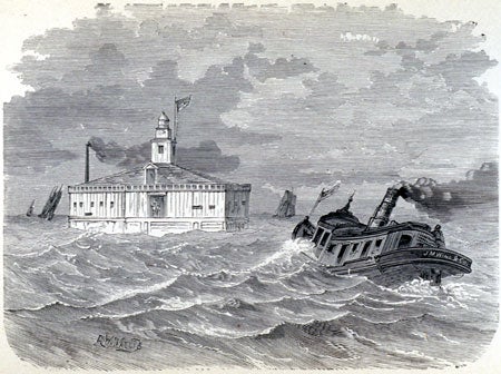 The Two-Mile Crib in Lake Michigan. Image source: The Tunnels and Water System of Chicago: Under the Lake and Under the River. Chicago: J.M. Wing & Co., 1874, p. 17.