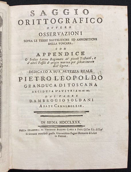 Title page, Saggio orittografico: ovvero, Osservazioni sopra le terre nautilitiche ed ammonitiche della Toscana, by Ambrogio Soldani, 1780 (Linda Hall Library)