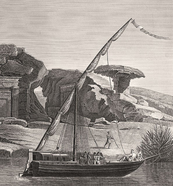 The engineers often traveled from site to site on feluccas, the traditional Egyptian sailing vessel of the Nile. Here they are leaving the rock tombs at Silsilis, just south of Edfu, in Upper Egypt.