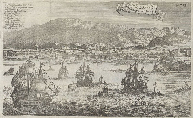 Bandar Abbas, port city, Strait of Hormuz, Persian Gulf, folding etching in Amoenitatem exoticarum, by Engelbert Kaempfer, p. 759, 1712 (The Linda Hall)