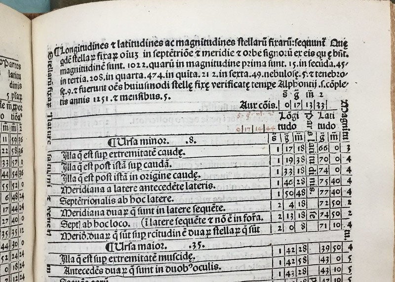 First page of star catalog, detail, Celestiu[m] motuu tabule, by Alfonso X of Castile, 1483 (Linda Hall Library)