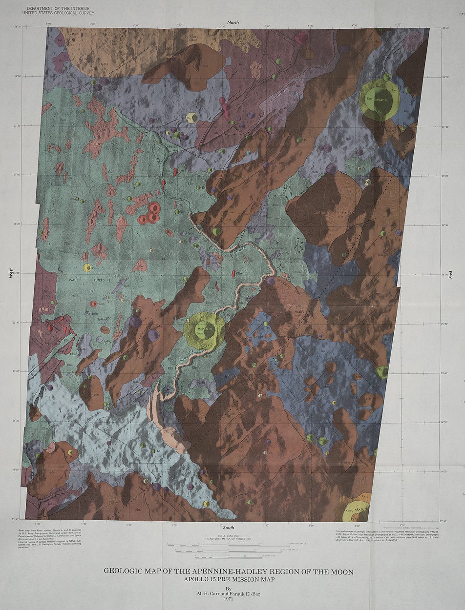 This map, one of a pair of the proposed Apollo 15 landing site in the Apennines, is at a scale of 1:250,000. The illustration, which represents only a small fraction of the large folding map, shows crater Hadley C (now just Hadley), the winding Hadley rill, and Hadley delta where Apollo 15 would touch down. The proposed landing site, right of center, is indicated by a small circle and cross.