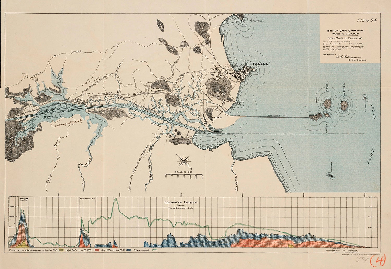 
Excavation diagram and map from 1909 of the Canal from Pedro Miguel to Panama Bay. View in Digital Collection »