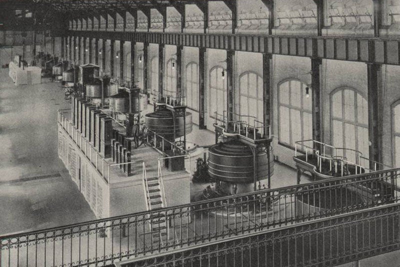Ten 5,000 horsepower Westinghouse AC generators, Niagara Falls, 1895 (Wikimedia commons)