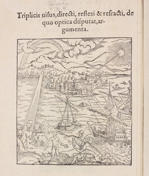 Detail of frontispiece, Opticae Thesaurus, by Ibn al-Haytham, 1572 (The Linda Hall)