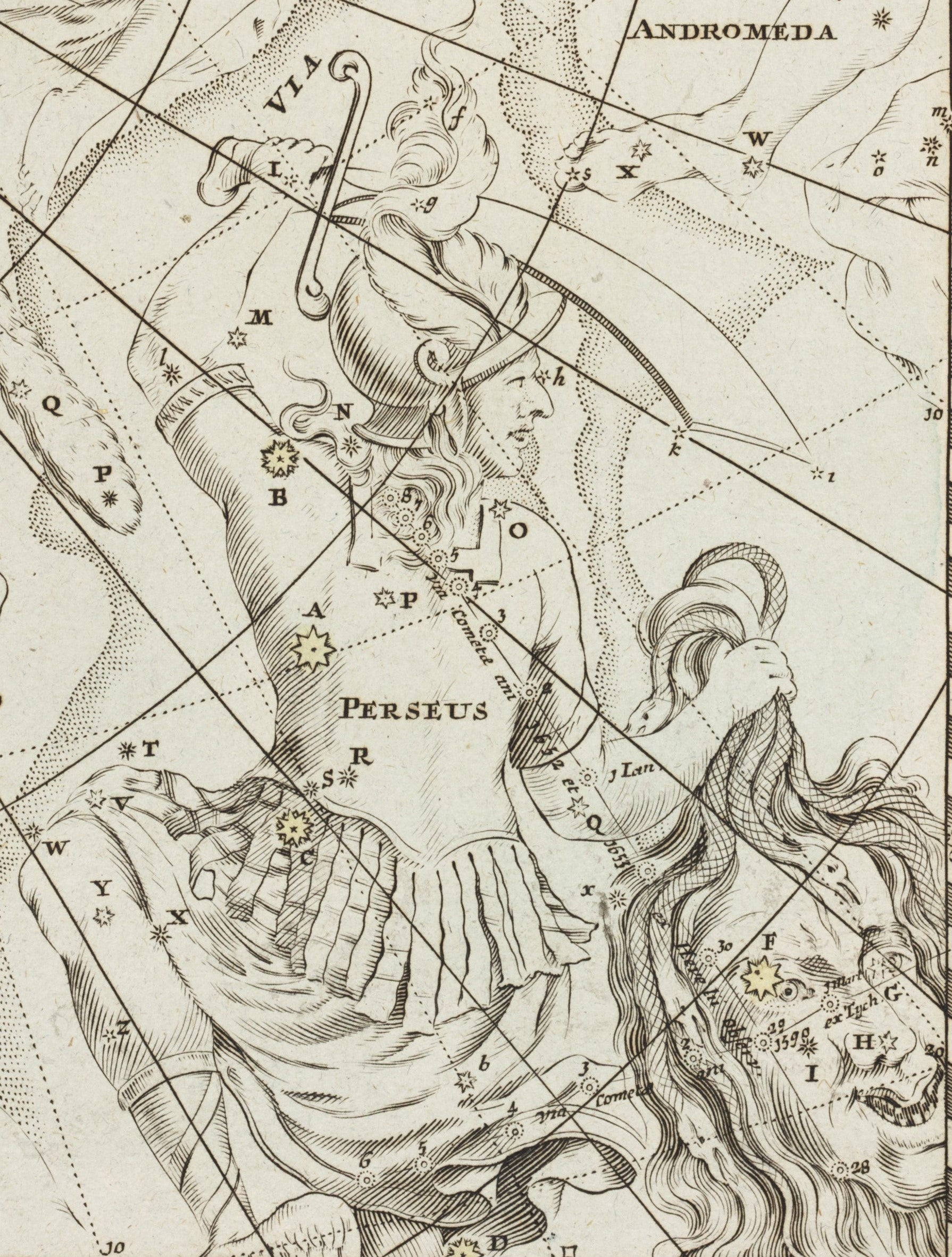 Perseus. Image source: Doppelmayr, Johann Gabriel. Atlas coelestis. Nuremberg: Heredum Homannianorum, 1742.
