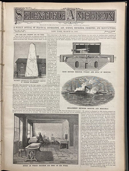 Front-page story on John Ericsson, a tribute after his death on Mar. 8, 1889, Scientific American, vol. 60(12), p. 175, Mar. 23, 1889 (The Linda Hall)