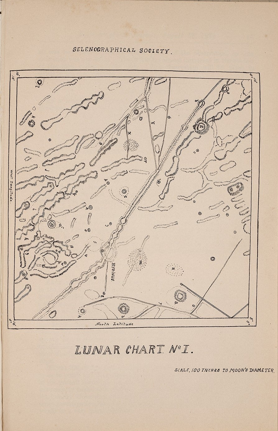The Society planned from the beginning to issue its own lunar map, "a more complete and accurate map than any now in existence" (Nevill uttered this just before the publication of both the Lohrmann and Schmitt atlases). The first tiny section of that projected map appeared in the first volume, and showed, not surprisingly, the region around the Hyginus rill. The "new" crater is identified with a circled N.