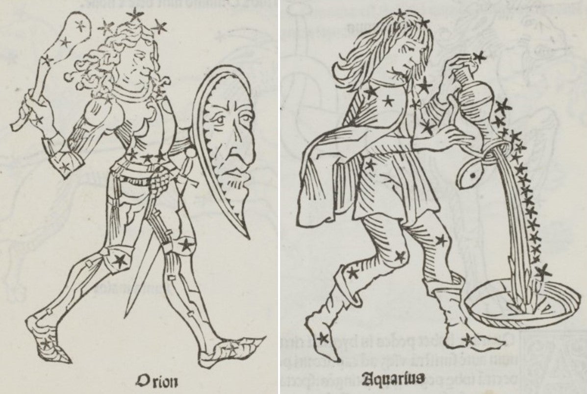 Orion (left) and Aquarius (right). Image source: Hyginus, Jacobus Sentinus, and Joannes Lucilius Santritter. Poeticon Astronomicon. Venice: Erhard Ratdolt, 1482.