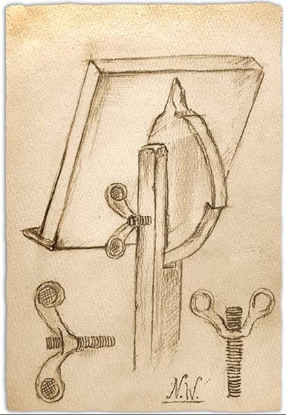 Design for a book stand with a flanged adjusting nut, designed by Nicholas Wing; Wing papers, Whistling Pig Pub and Archives, Kensington, London (whistpig.edu)