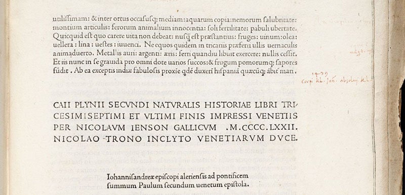 Colophon near end, stating that the book was printed in Venice by Nicolas Jenson in MCCCCLXXII (1472), Naturalis historia, by Pliny the Elder (Linda Hall Library)