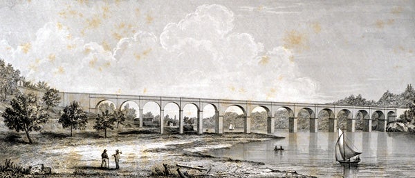 The Croton Aqueduct at the Harlem River. Image source: Tower, F.B. Illustrations of the Croton Aqueduct. New York and London: Wiley and Putnam, 1843, pl. 19.
