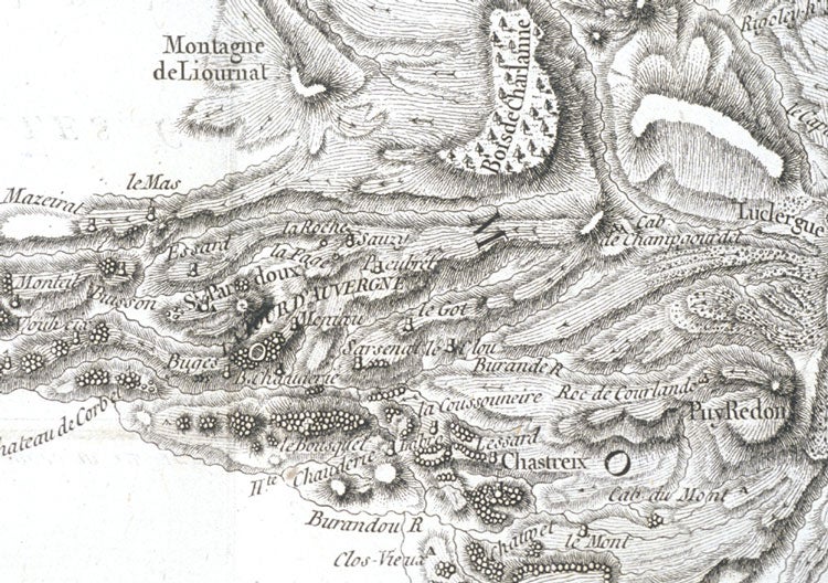 Map of the Tour d’Auvergne region. Image source: Desmarest, Nicolas. "Mémoire Sur l’origine & la nature du Basalte à grandes colonnes polygones, determinées par l’Histoire Naturelle de cette pierre, observée en Auvergne." Histoire de l’Académie royale des Sciences, Année M. DCCLXXI, Avec les Mémoires de Mathématique & de Physique. Paris, De l’Imprimerie Royale, 1774, pl. 15.