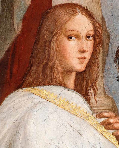 Detail of figure in the School of Athens, by Raphael, once thought to represent Hypatia of Alexandria, Vatican, 1509-11 (Wikimedia commons)