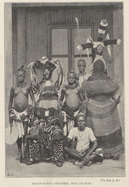 Death dance costumes, Old Calabar, photograph, Travels in West Africa, by Mary H. Kingsley, p. 483, 1897 (The Linda Hall)