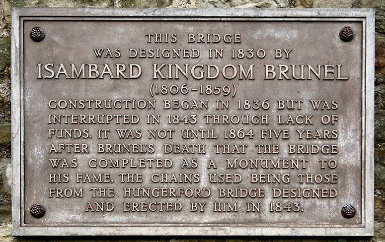 Plaque on the Clifton Suspension Bridge, Bristol, honoring Isambard Kingdom Brunel (Wikimedia commons)