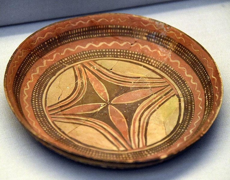 Decorated pottery plate from Tell Arpachiyah, Iraq, 5000-6000 BCE, found by Max Mallowan in 1933 and originally reassembled by Agatha Christie, British Museum (Wikimedia commons)
