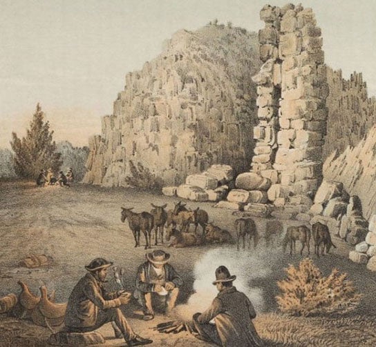 Bivouac on Jan. 26 [1854], chromolithograph from a sketch by Balduin Möllhausen, Explorations and Surveys for a Railroad Route from the Mississippi River to the Pacific Ocean: Route near the Thirty-Fifth Parallel, by Amiel W. Whipple (Pacific Railroad Report, 3), 1856 (Linda Hall Library)