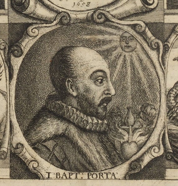 Portrait of Giovanni Battista della Porta, detail of engraved title page, Natural magick, by Giovanni Battista della Porta, 1658 (Linda Hall Library)