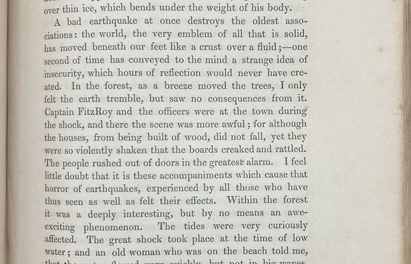 Charles Darwin describes his first earthquake, Feb. 20, 1835, in Valdivia, Chile, Narrative of the Surveying Voyages of His Majesty's ships Adventure and Beagle, by Robert FitzRoy et al., vol. 3, p. 369, 1839 (Linda Hall Library)