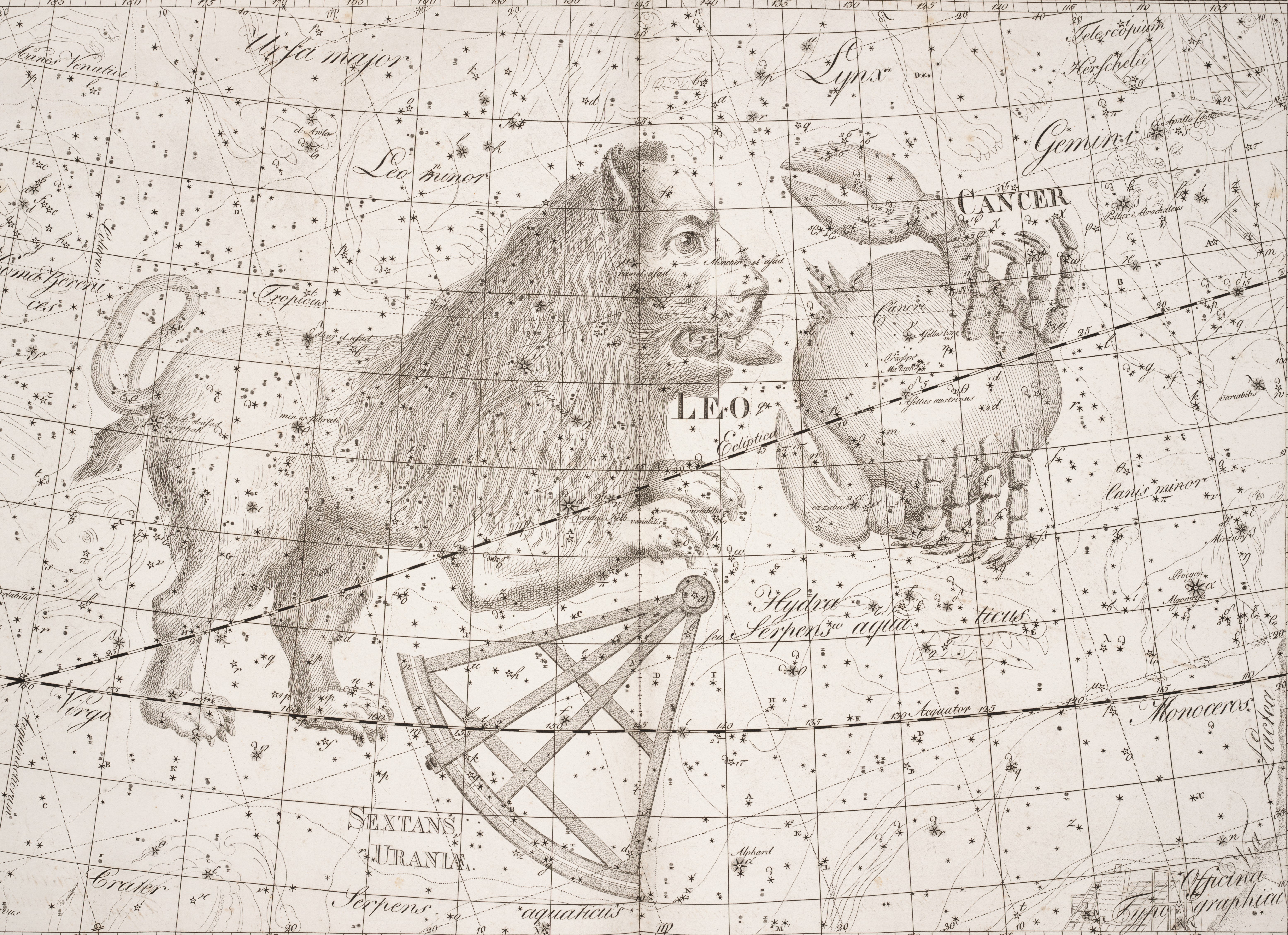 Leo and Cancer. Image source: Bode, Johann Elert. Uranographia. Berlin: apud Autorim, 1801, pl. 13.