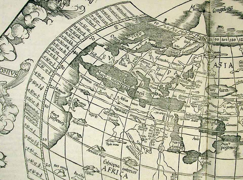 The Mediterranean region, detail of world map, woodcut, Geographicae enarrationis libri octo, by Ptolemy of Alexandria, 1525 (Linda Hall Library)