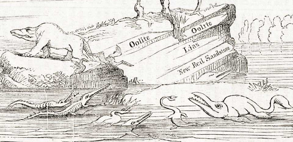 The Megalosaurus and rock formations. This work was on display in the original exhibition as item 5. Image source: Hawkins: Benjamin Waterhouse. "On visual education as applied to geology," in: Journal of the Society of Arts, vol. 2 (1854), p. 446. 