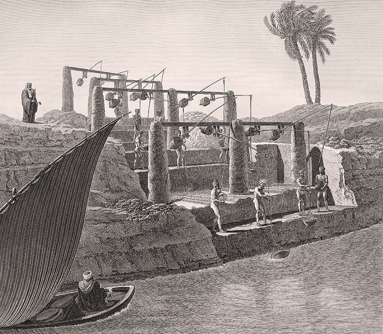 The lines engraved by the machine could be varied in depth and width to change the tone and darkness, allowing the finished engraving to represent the cloudless Egyptian sky — dark blue at the top and very pale at the horizon — with a series of lines that gradually changed from bold at the top to extremely fine at the bottom. Similar techniques were used to create the effect of water and architectural backgrounds.