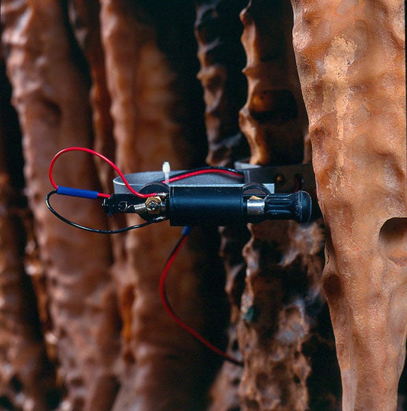 One of the 37 solenoids for the Great Stalacpipe Organ, which, when actuated from the console, gently strikes a stalactite with a rubber mallet (sonicscoop.com)