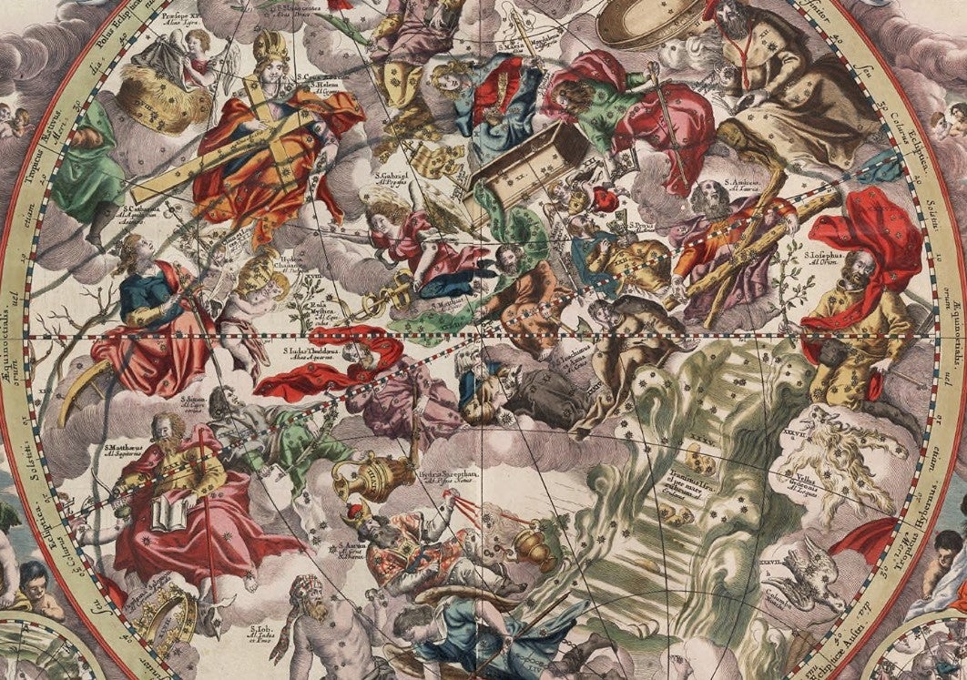 Detail of the Red Sea, the Sepulcher, and six Apostles of the Zodiac, from the second Christian planisphere. Image source: Cellarius, Andreas. Harmonia macrocosmica. Amsterdam, 1661, pp. 168-169.