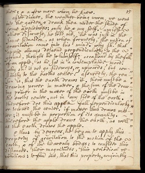 Account of Newton and the apple tree, Memoir of Sir Isaac Newton’s Life, by William Stukeley, manuscript, p. 15, 1752, Royal Society of London archives (royalsociety.org)
