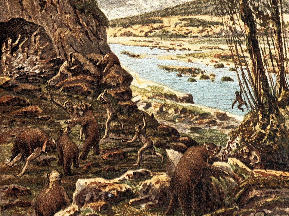 Detail of early humans and cave bears. Image source: Flammarion, Camille. Le monde avant la création de l'homme. Paris, 1886, pl. 5.
