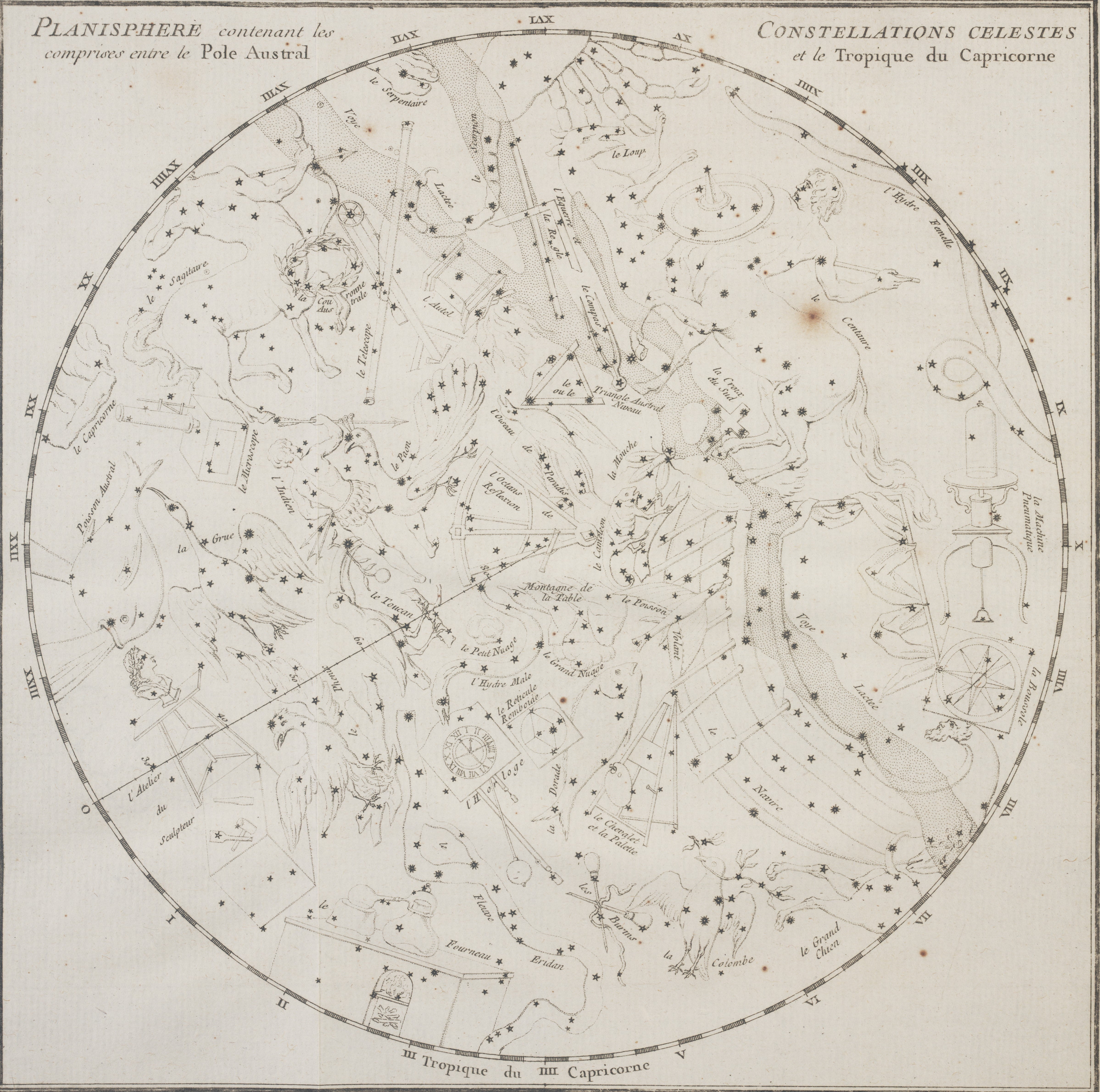 A detail of the Southern constellations, showing Horologium, Octans, and others. Image source: La Caille, Nicolas. "Table des Ascensions Droites..."Memoires de l'Academie Royale des Sciences, 1752. Paris, 1756. 