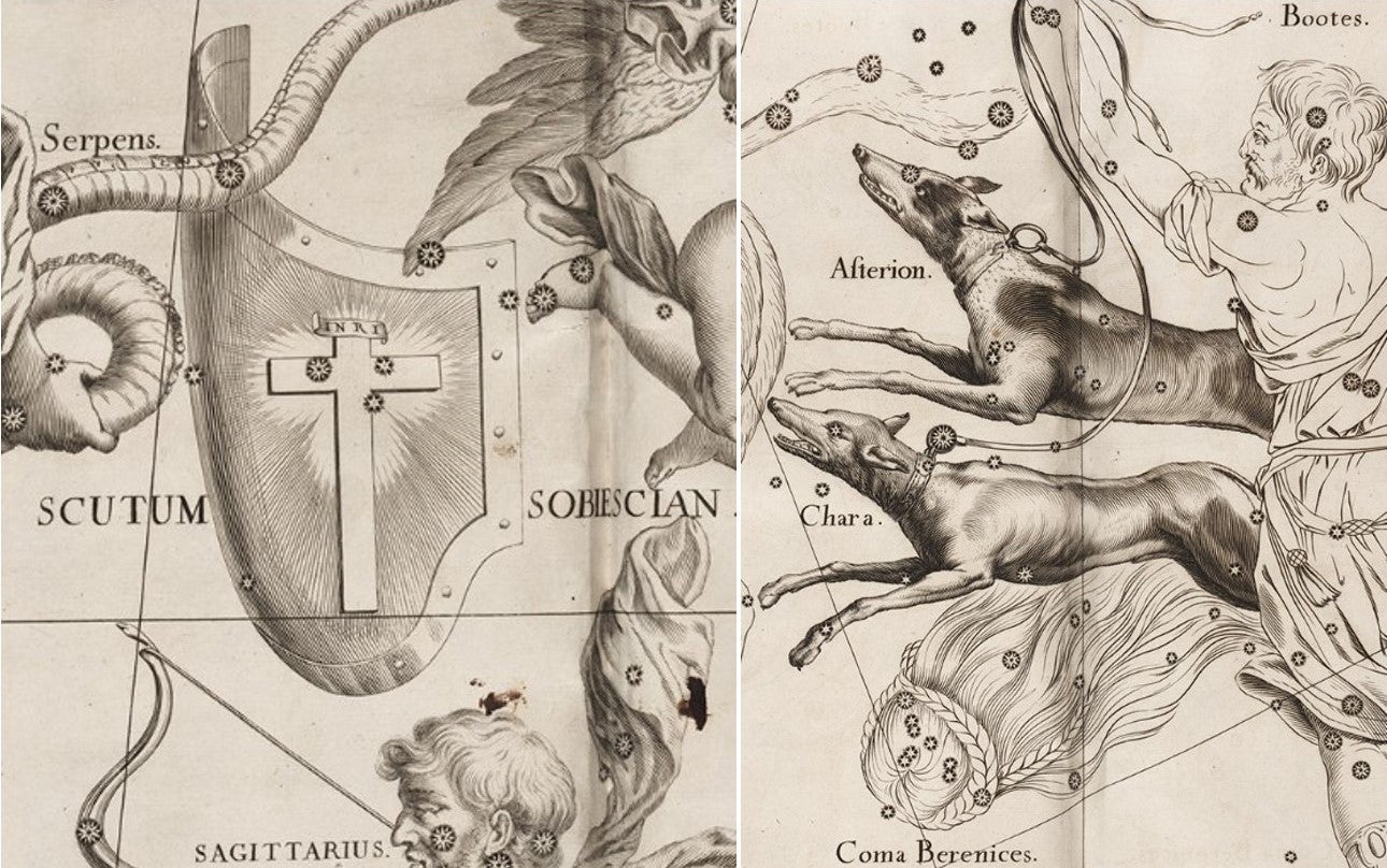 L: The newly introduced constellation of Scutum. Image source: Firmamentum Sobiescianum sive Uranographia. Gdansk: typis J.-Z. Stollii, 1690.

R: The new constellation of Canes Venatici. Image source: Firmamentum Sobiescianum sive Uranographia. Gdansk: typis J.-Z. Stollii, 1690.
